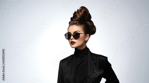 Beautiful Woman In Black Jacket And Sunglasses Exudes Elegance