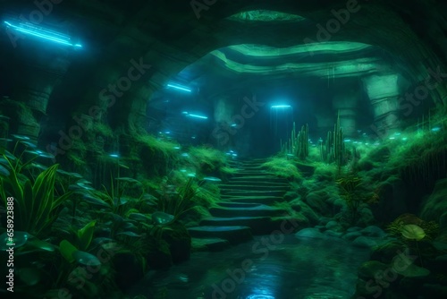 A mysterious underground metropolis with bioluminescent vegetation illuminating the path.