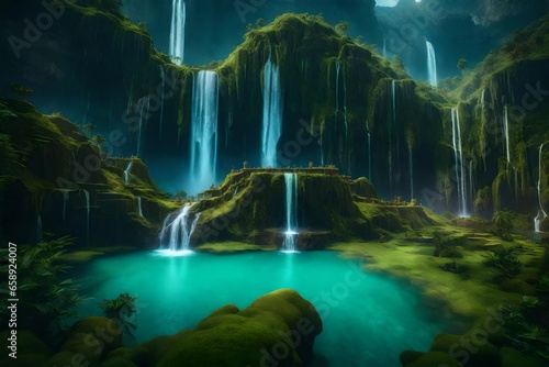 A fantastic floating island with waterfalls that cascade and fliers.