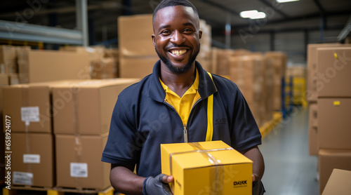Employee holding a box and smiling in a warehouse wearing Bright solid light yellow cloth