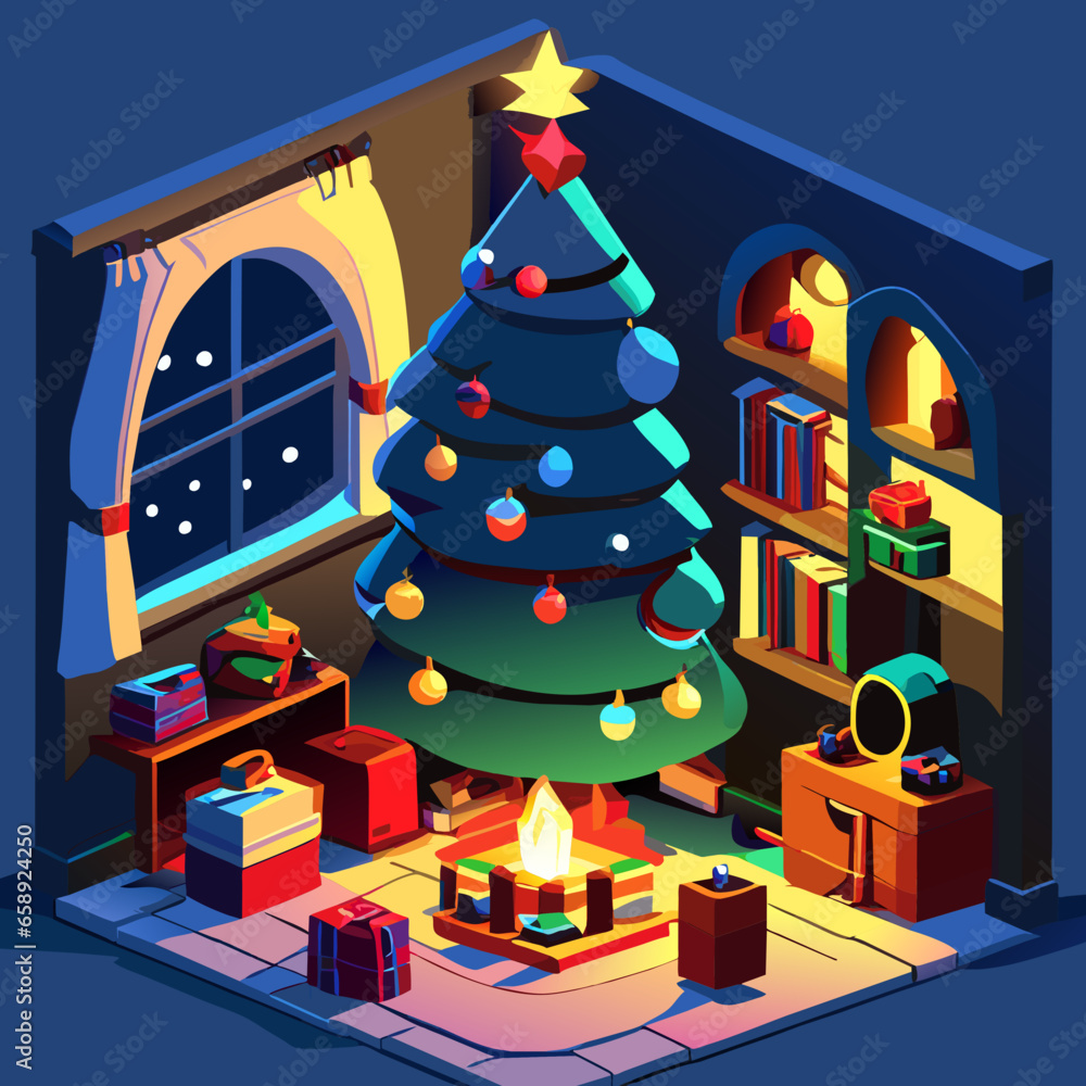 Christmas room with fireplace, an armchair and a Christmas tree with gifts cartoon version. Vector