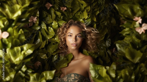 Flawless Woman Radiates Amidst Tropical Leaves