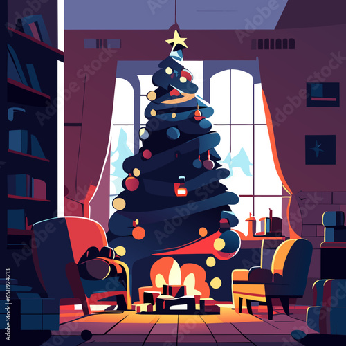 Christmas room with fireplace, an armchair and a Christmas tree with gifts cartoon version. Vector