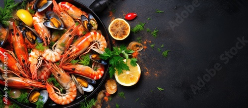 Assorted seafood cooked in pan with wine Top view With copyspace for text