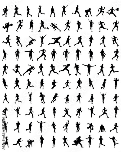 Collection of 100 items vector illustration of silhouettes of adults and children running