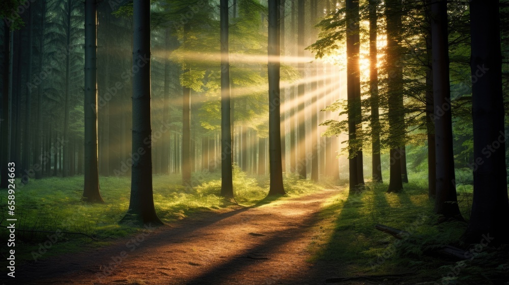 Serene Forest Illuminated By Radiant Spring Sun Rays