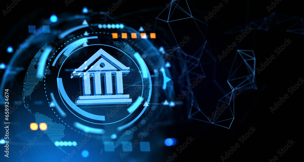 Fototapeta premium Digital bank glowing hologram with abstract lines and circles, electronic money