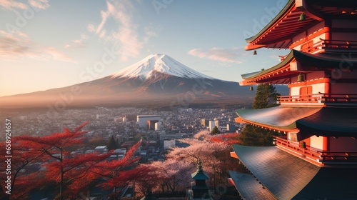 Serene View Of Mount Fuji And Chureito Pagoda At Sunset. Сoncept Mount Fuji, Chureito Pagoda, Sunset At Mount Fuji, Serene View