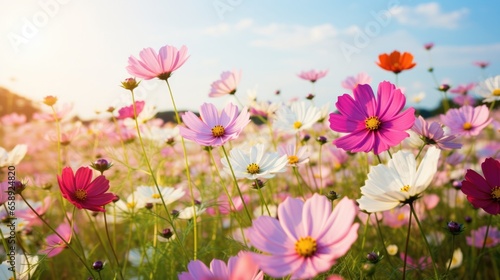 Vibrant Field Of Cosmos Flowers . Сoncept Gardening Tips, Flower Care, Floral Arrangements, Outdoor Landscaping