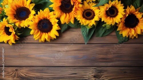 Vibrant Sunflowers Create A Cheerful Display On Wooden Board. Сoncept Sunflowers, Cheerful Display, Vibrant Colors, Wooden Board