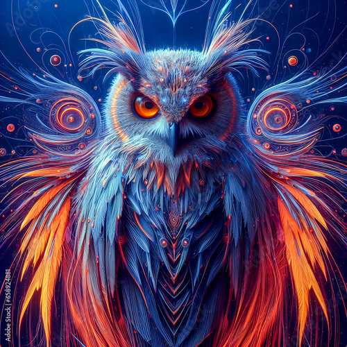 Super owl with a futuristic feathers and orange and blue elegant colors. © Budi