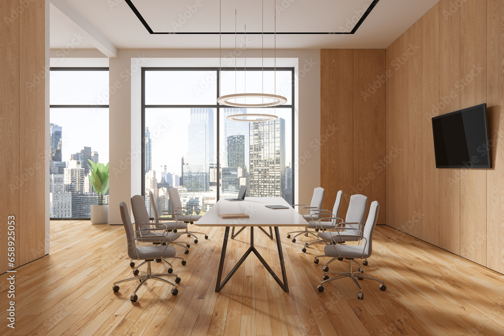 Fototapeta premium Wooden office room interior with meeting table and tv display, panoramic window