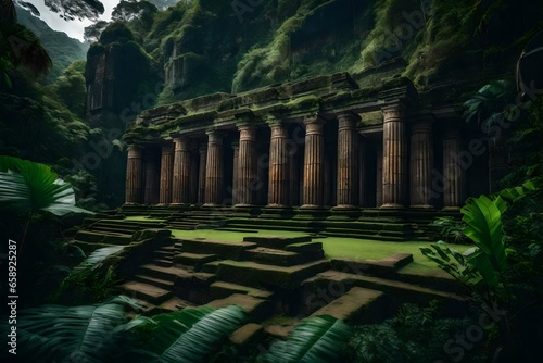 Mysterious antique structures surrounded by a verdant jungle.