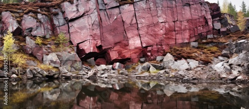 A piece of red rock in a village in Karelia With copyspace for text