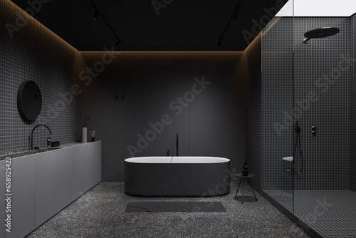 Grey home bathroom interior with sink  bathtub and shower