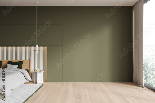 Green hotel bedroom interior with bed and mock up wall, panoramic window