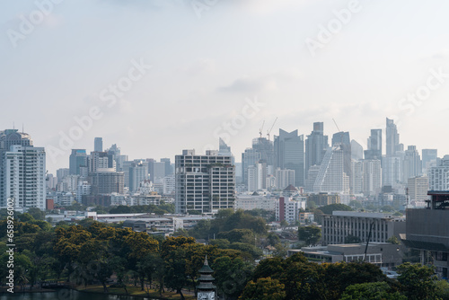 Bangkok city panoramic view on public park and office buildings
