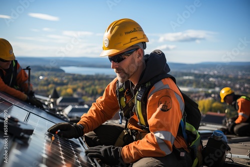 Male workers installing photovoltaic solar panel system outdoors. Men engineers placing solar module on metal rails, wearing construction helmets and work gloves. Renewable and ecological energy.