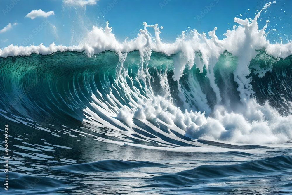 A tremendous splash is made by a wave hitting the rocks. - obrazy, fototapety, plakaty 