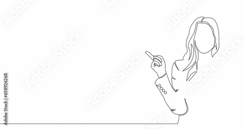 Self drawing line animation Young business woman showing something or presenting continuous one single line drawn concept video
