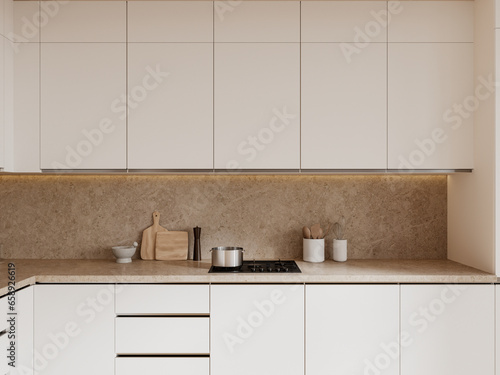 Stylish home kitchen interior with stove and kitchenware on countertop