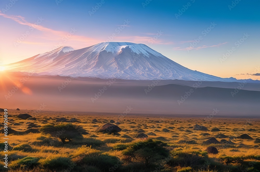 Sunset at Mount Kilimanjaro: Inspiring Summer Holiday Vacation Idea.  - obrazy, fototapety, plakaty 
