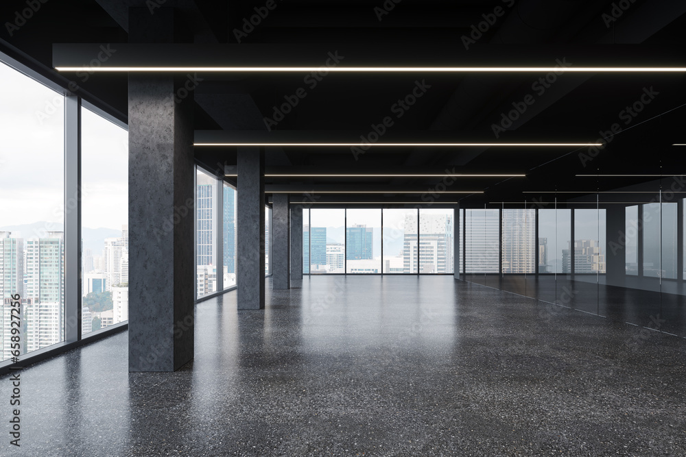 Grey empty loft interior and glass partition, panoramic window on skyscrapers Grey empty loft interior and glass partition, panoramic window on skyscrapers