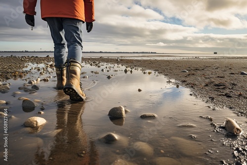 man walking in rubber boots in the Wadden Sea photo