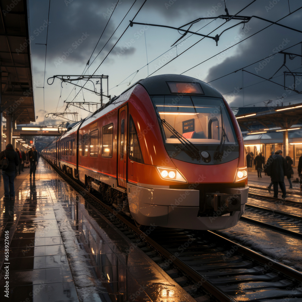 public transport concept. Electric train arriving at the stop. square public transport concept. Electric train arriving at the stop. square