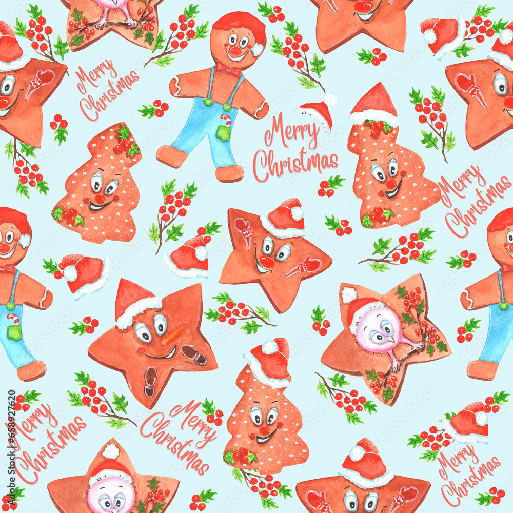Christmas cookies with icing and drawings of a Christmas tree, a snowman, snow and cats in love. Watercolor Christmas cookies with icing and drawings of a Christmas tree, a snowman, snow and cats in love. Watercolor