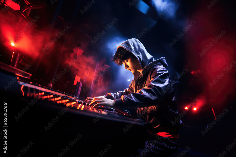 Korean K-pop DJ or sound engineer performing music on live stage behind controller workstation, pushing buttons in spotlight and stage smoke with copy space
