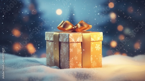 Beautiful Christmas gift boxes with gold ribbon with winter background with snow.  © Kowit