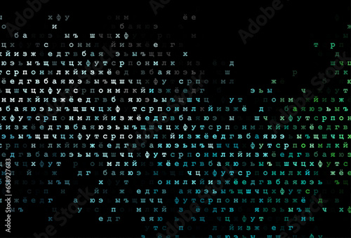 Dark blue, green vector background with signs of alphabet.