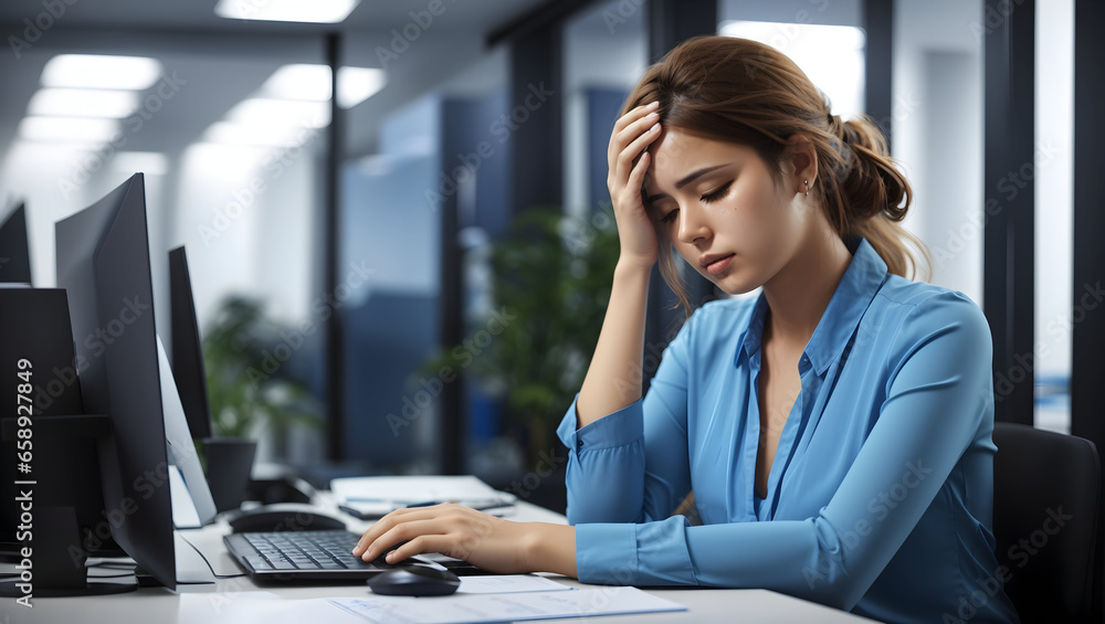 A sad woman sitting at the office. Working over hours. Burnout woman. A sad woman sitting at the office. Working over hours. Burnout woman.