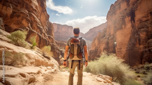 Male hiker, full body, view from behind, walking through a canyon