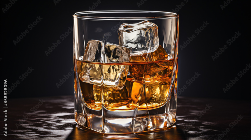 Whiskey with ice in glass isolated on white background.