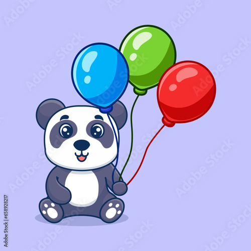 Vector panda holding balloon cute cartoon vector icon illustration. animal nature icon concept creative kawaii cartoon mascot logo
