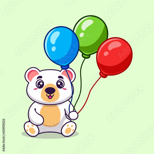 Vector white bear holding balloon cute cartoon vector icon illustration. animal nature icon concept creative kawaii cartoon mascot logo