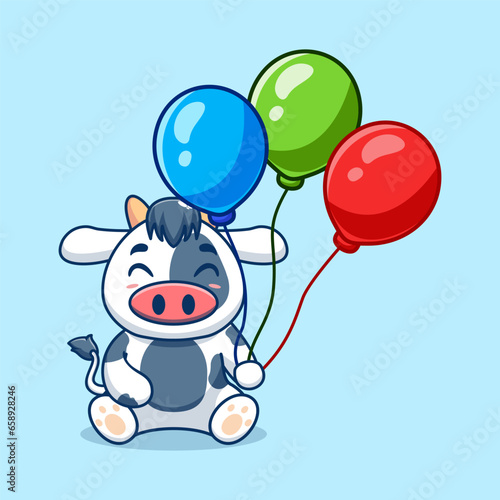 Vector cow holding balloon cute cartoon vector icon illustration. animal nature icon concept creative kawaii cartoon mascot logo