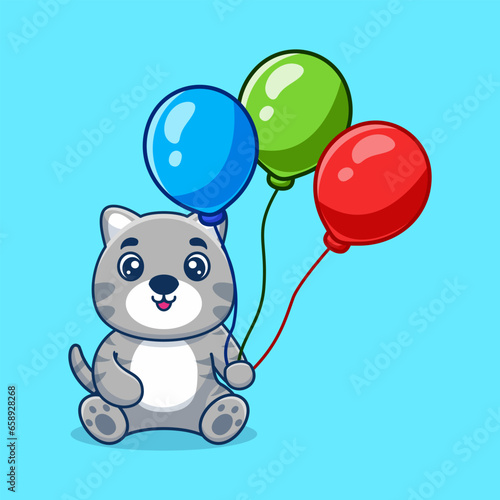 Vector cat holding balloon cute cartoon vector icon illustration. animal nature icon concept creative kawaii cartoon mascot logo