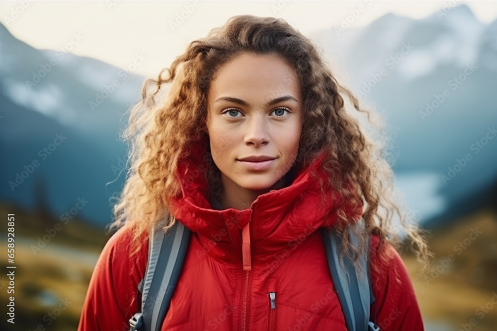 Smiling Young Woman in Warm Clothing Enjoying Winter Hike in Mountain Range