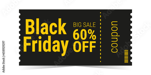 Black Friday sale ticket coupon template layout. Black and yellow design. Coupon with a big discount. Simple design. Isolated vector illustration white background.