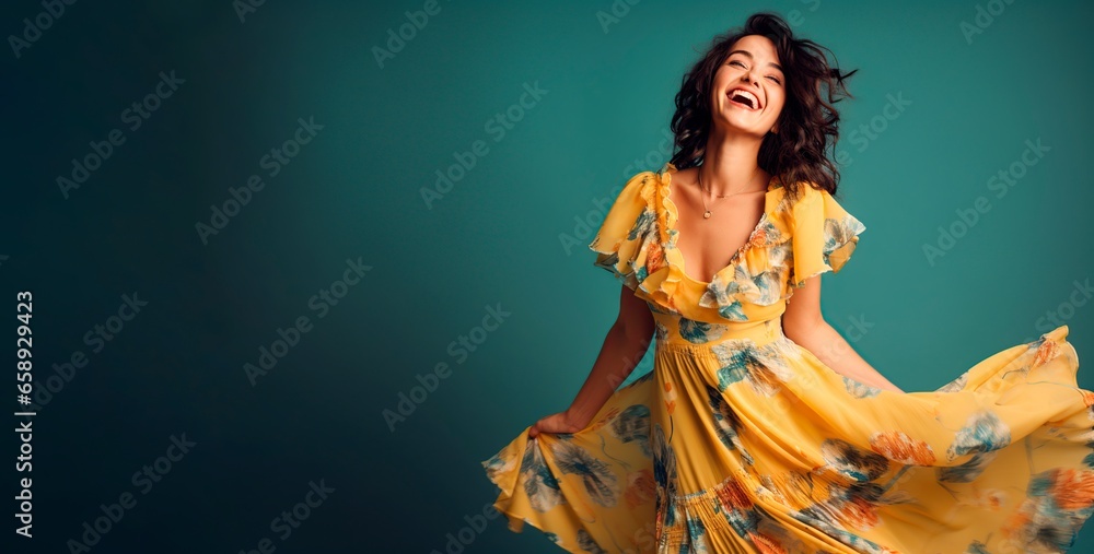 happy woman wearing a beautiful dress in summer