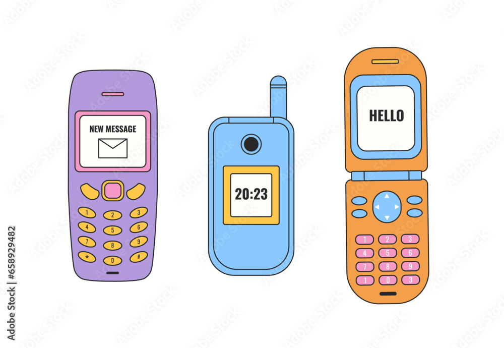 Mobile vector cartoon phones 90s isolated on white background. An ...