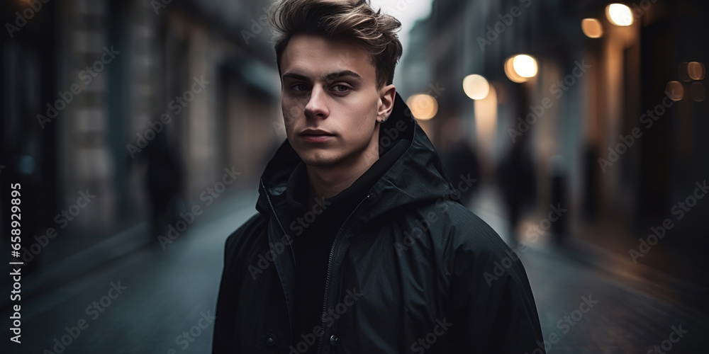 Portrait of a Man in the City. Handsome Male at night street. Young Man in Black Wear looking camera. Men's autumn fashion Portrait of a Man in the City. Handsome Male at night street. Young Man in Black Wear looking camera. Men's autumn fashion
