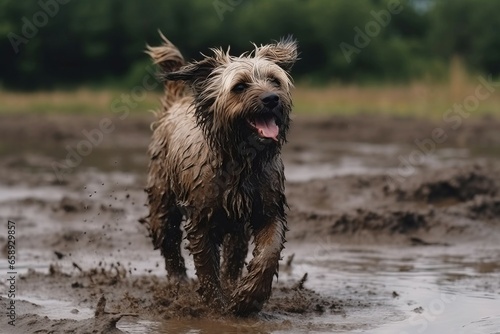 Dog dirty mud playing. Dirt bath. Generate Ai