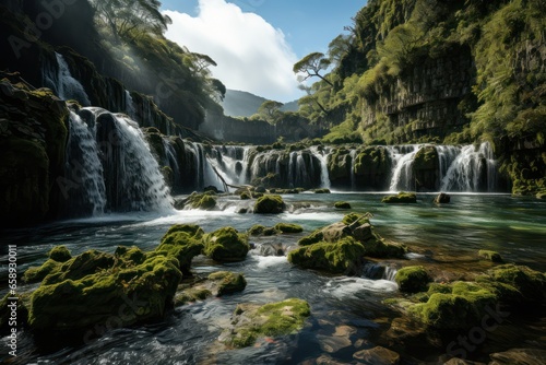Majestic waterfall cascading down a rocky cliff face  surrounded by a lush forest.