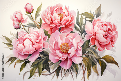Watercolor painting of peony, with stems and leaves.