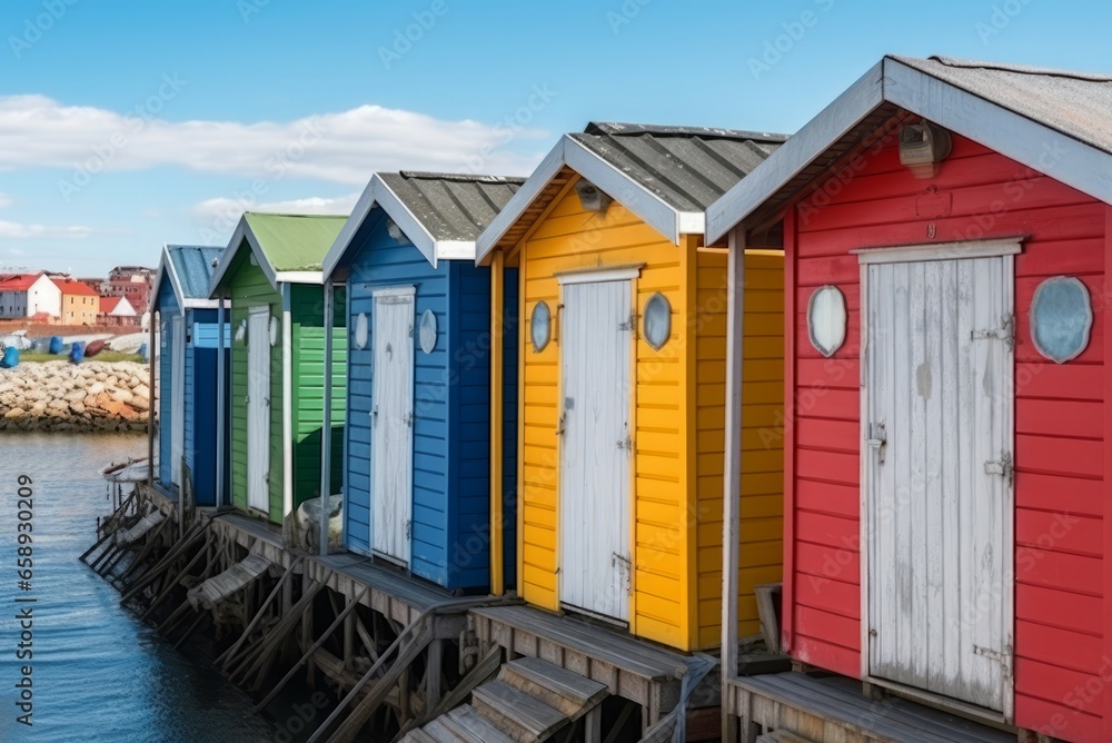 Fisherman colorful huts row. Relax beach. Generate Ai Fisherman colorful huts row. Relax beach. Generate Ai