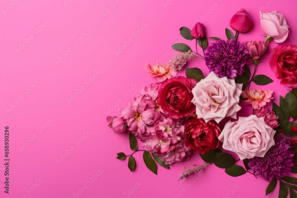 Floral arrangement bloom pink background. Petal natural. Generate Ai